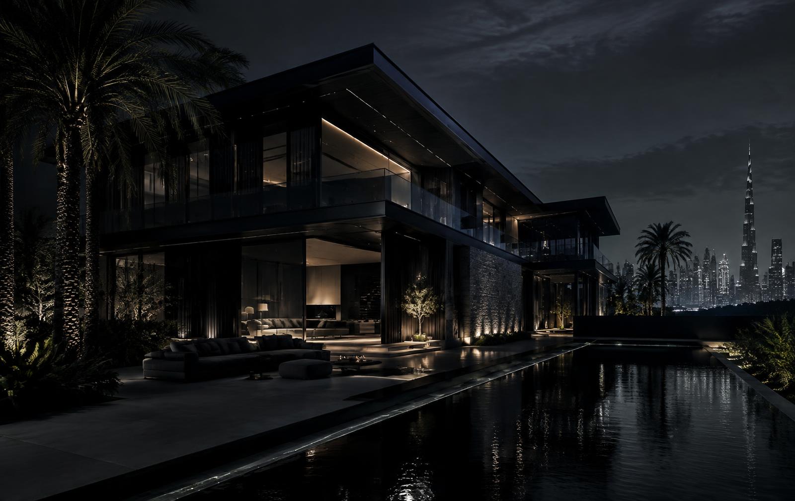 A villa at night